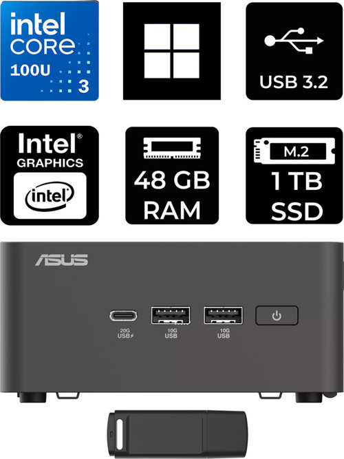 Nuc 15 Pro Tall Intel Core 3-100U 48Gb Ram 1Tb Ssd Win11 Home Rnuc15Crhı300002P378 Mini Masaüstü Bilgisayar + Per4 Usb Bellek