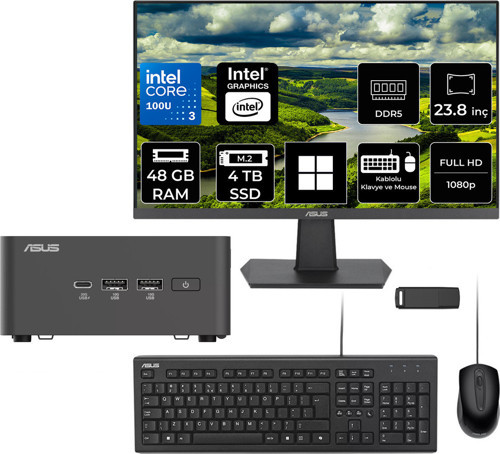 Nuc 15 Pro Tall Intel Core 3-100U 48Gb Ram 4Tb Ssd 23.8" Full Hd Monitör Win11 Home Rnuc15Crhı300002P580 Mini Masaüstü Bilgisayar + Per4 Usb Bellek