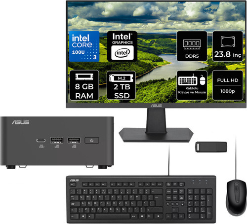 Nuc 15 Pro Tall Intel Core 3-100U 8Gb Ram 2Tb Ssd 23.8" Full Hd Monitör Freedos Rnuc15Crhı300002P504 Mini Masaüstü Bilgisayar + Per4 Usb Bellek