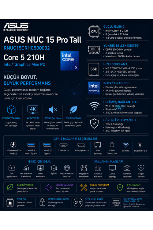 Nuc 15 Pro Tall Intel Core 5-210H 16Gb Ram 256Gb Ssd 27" Full Hd Monitör Freedos Rnuc15Crhc500002P706 Mini Masaüstü Bilgisayar + Per4 Usb Bellek