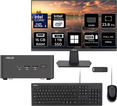 Nuc 15 Pro Tall Intel Core 5-210H 16Gb Ram 1Tb Ssd 23.8" Full Hd Monitör Win11 Home Rnuc15Crhc500002P558 Mini Masaüstü Bilgisayar + Per4 Usb Bellek