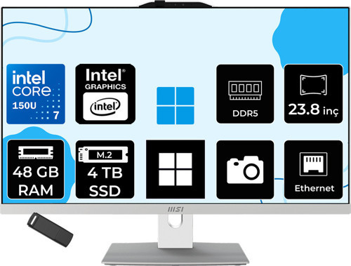 Modern Am242P Intel Core 7 150U 48Gb Ram 4Tb Ssd Intel Graphics 23.8" Full Hd (1920X1080) Win11 Pro 1M-2288Neup535 Beyaz All In One Bilgisayar + Per4 Usb Bellek