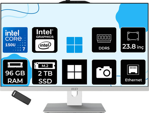 Modern Am242P Intel Core 7 150U 96Gb Ram 2Tb Ssd Intel Graphics 23.8" Full Hd (1920X1080) Win11 Pro 1M-2288Neup552 Beyaz All In One Bilgisayar + Per4 Usb Bellek