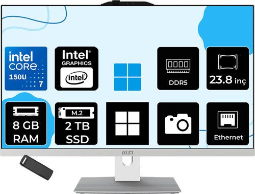 Modern Am242P Intel Core 7 150U 8Gb Ram 2Tb Ssd Intel Graphics 23.8" Full Hd (1920X1080) Win11 Pro 1M-2288Neup504 Beyaz All In One Bilgisayar + Per4 Usb Bellek