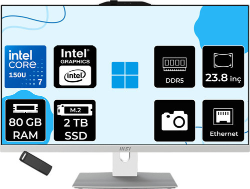Modern Am242P Intel Core 7 150U 80Gb Ram 2Tb Ssd Intel Graphics 23.8" Full Hd (1920X1080) Freedos 1M-2288Neup346 Beyaz All In One Bilgisayar + Per4 Usb Bellek