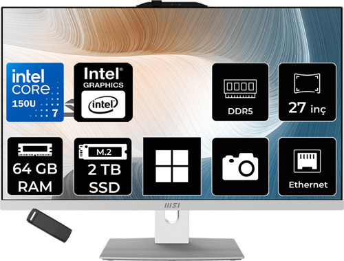 Modern Am272P Intel Core 7 150U 64Gb Ram 2Tb Ssd Intel Graphics 27" Full Hd (1920X1080) Win11 Home 1M-1095Xeup440 Beyaz All In One Bilgisayar + Per4 Usb Bellek