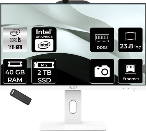 Pro Ap242P Intel Core İ5 14400 40Gb Ram 2Tb Ssd Uhd Graphics 23.8" Full Hd (1920X1080) Freedos 14M-1201Eup328 Beyaz All In One Bilgisayar + Per4 Usb Bellek
