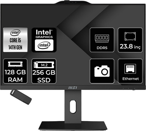 Pro Ap242P Intel Core İ5 14400 128Gb Ram 512Gb Ssd Uhd Graphics 23.8" Full Hd (1920X1080) Freedos 14M-649Xeup356 Siyah All In One Bilgisayar + Per4 Usb Bellek