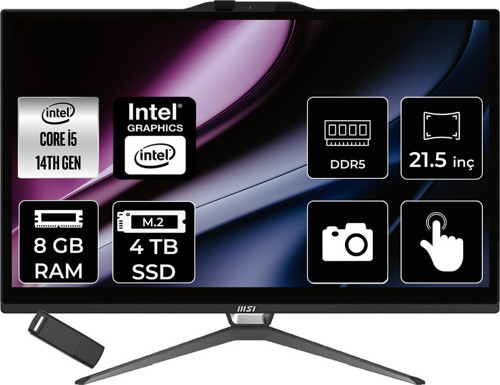 Pro Ap222T Intel Core İ5 14400 8Gb Ram 4Tb Ssd Uhd Graphics 21.5" Touch Full Hd (1920X1080) Freedos 14Ma-607Xeup305 Siyah Dokunmatik All In One Bilgisayar + Per4 Usb Bellek