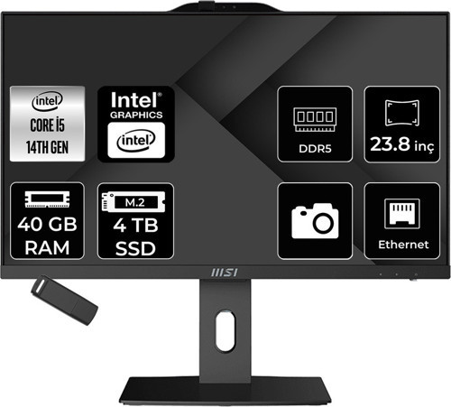 Pro Ap242P Intel Core İ5 14400 40Gb Ram 4Tb Ssd Uhd Graphics 23.8" Full Hd (1920X1080) Freedos 14M-649Xeup329 Siyah All In One Bilgisayar + Per4 Usb Bellek