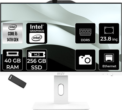 Pro Ap242P Intel Core İ5 14400 40Gb Ram 256Gb Ssd Uhd Graphics 23.8" Full Hd (1920X1080) Freedos 14M-1201Eup325 Beyaz All In One Bilgisayar + Per4 Usb Bellek