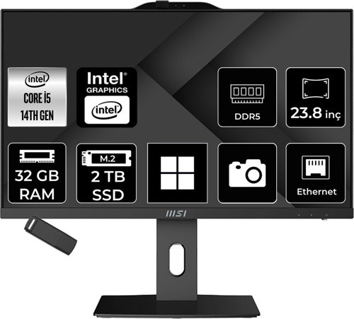 Pro Ap242P Intel Core İ5 14400 32Gb Ram 2Tb Ssd Uhd Graphics 23.8" Full Hd (1920X1080) Win11 Home 14M-649Xeup422 Siyah All In One Bilgisayar + Per4 Usb Bellek