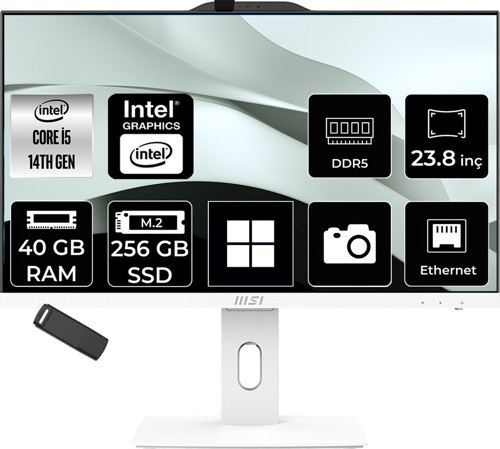 Pro Ap242P Intel Core İ5 14400 40Gb Ram 256Gb Ssd Uhd Graphics 23.8" Full Hd (1920X1080) Win11 Home 14M-1201Eup425 Beyaz All In One Bilgisayar + Per4 Usb Bellek