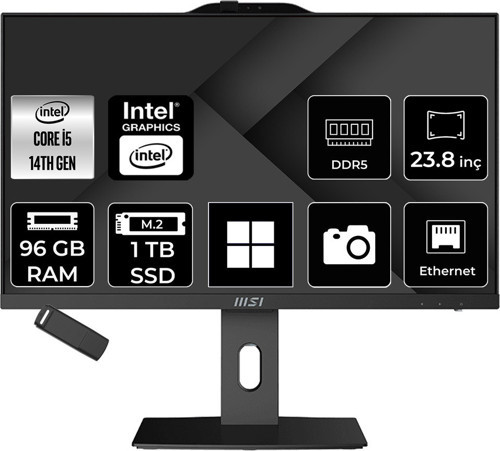 Pro Ap242P Intel Core İ5 14400 96Gb Ram 1Tb Ssd Uhd Graphics 23.8" Full Hd (1920X1080) Win11 Home 14M-649Xeup451 Siyah All In One Bilgisayar + Per4 Usb Bellek