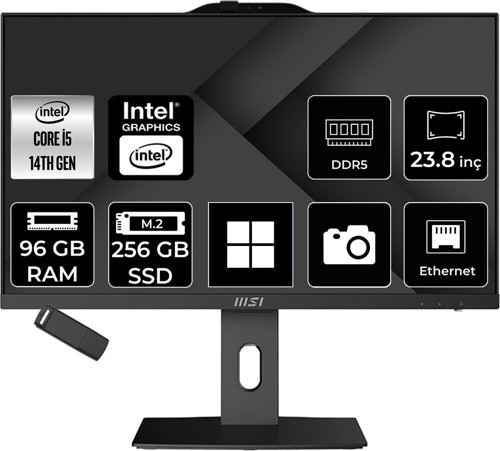Pro Ap242P Intel Core İ5 14400 96Gb Ram 256Gb Ssd Uhd Graphics 23.8" Full Hd (1920X1080) Win11 Home 14M-649Xeup449 Siyah All In One Bilgisayar + Per4 Usb Bellek
