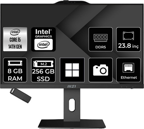Pro Ap242P Intel Core İ5 14400 8Gb Ram 512Gb Ssd Uhd Graphics 23.8" Full Hd (1920X1080) Win11 Pro 14M-649Xeup502 Siyah All In One Bilgisayar + Per4 Usb Bellek