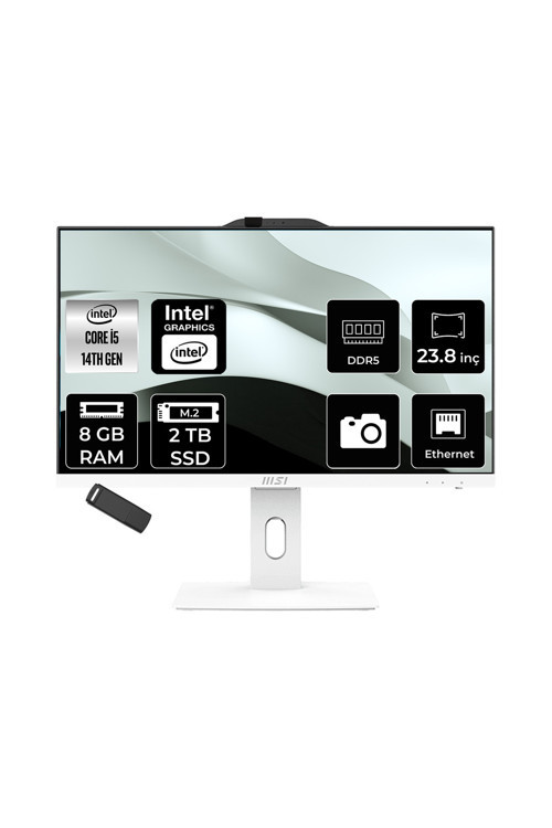 Pro Ap242P Intel Core İ5 14400 8Gb Ram 2Tb Ssd Uhd Graphics 23.8" Full Hd (1920X1080) Freedos 14M-1201Eup304 Beyaz All In One Bilgisayar + Per4 Usb Bellek