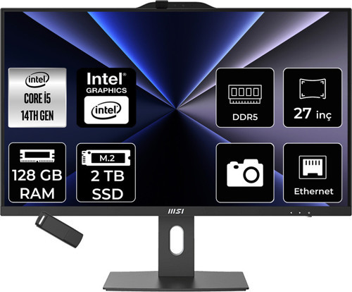 Pro Ap272P Intel Core İ5 14400 128Gb Ram 2Tb Ssd Uhd Graphics 27" Full Hd (1920X1080) Freedos 14M-867Xeup358 Siyah All In One Bilgisayar + Per4 Usb Bellek