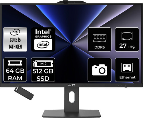 Pro Ap272P Intel Core İ5 14400 64Gb Ram 512Gb Ssd Uhd Graphics 27" Full Hd (1920X1080) Freedos 14M-867Xeup338 Siyah All In One Bilgisayar + Per4 Usb Bellek