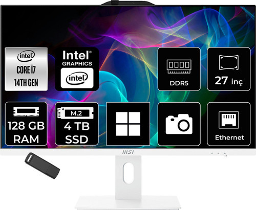Pro Ap272P Intel Core İ7 14700 128Gb Ram 4Tb Ssd Uhd Graphics 27" Full Hd (1920X1080) Win11 Home 14M-866Xeup459 Beyaz All In One Bilgisayar + Per4 Usb Bellek