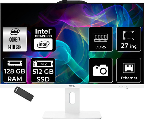 Pro Ap272P Intel Core İ7 14700 128Gb Ram 512Gb Ssd Uhd Graphics 27" Full Hd (1920X1080) Freedos 14M-866Xeup356 Beyaz All In One Bilgisayar + Per4 Usb Bellek