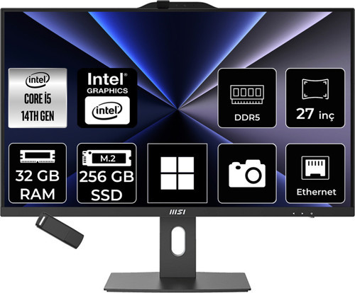 Pro Ap272P Intel Core İ5 14400 32Gb Ram 256Gb Ssd Uhd Graphics 27" Full Hd (1920X1080) Win11 Home 14M-867Xeup419 Siyah All In One Bilgisayar + Per4 Usb Bellek