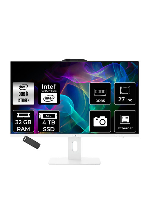Pro Ap272P Intel Core İ7 14700 32Gb Ram 4Tb Ssd Uhd Graphics 27" Full Hd (1920X1080) Freedos 14M-866Xeup323 Beyaz All In One Bilgisayar + Per4 Usb Bellek