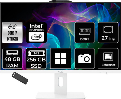 Pro Ap272P Intel Core İ7 14700 48Gb Ram 256Gb Ssd Uhd Graphics 27" Full Hd (1920X1080) Win11 Pro 14M-866Xeup531 Beyaz All In One Bilgisayar + Per4 Usb Bellek