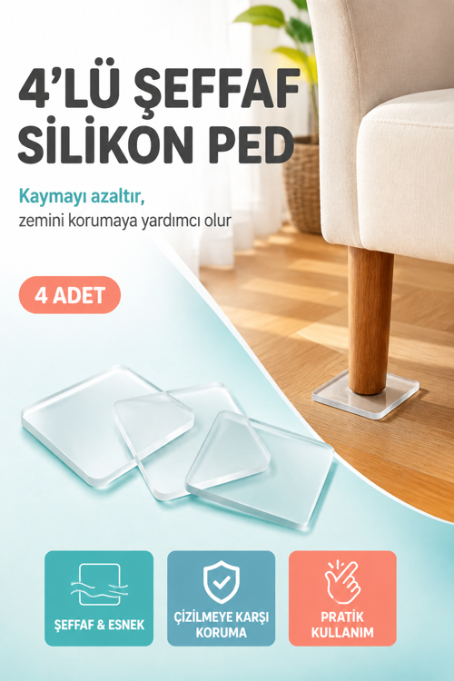 4'lü Şeffaf Silikon Mobilya Ayağı Koruyucu Ped Kaydırmaz Koltuk Masa Sandalye Zemin Koruyucu Altlığı