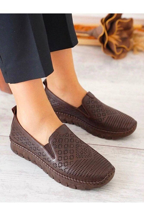 Hakiki Deri Acı Kahve Kadın Ayakkabı Lazer Delikli Ortopedik Taban Slip-On Casual Günlük Yürüyüş Ayakkabısı