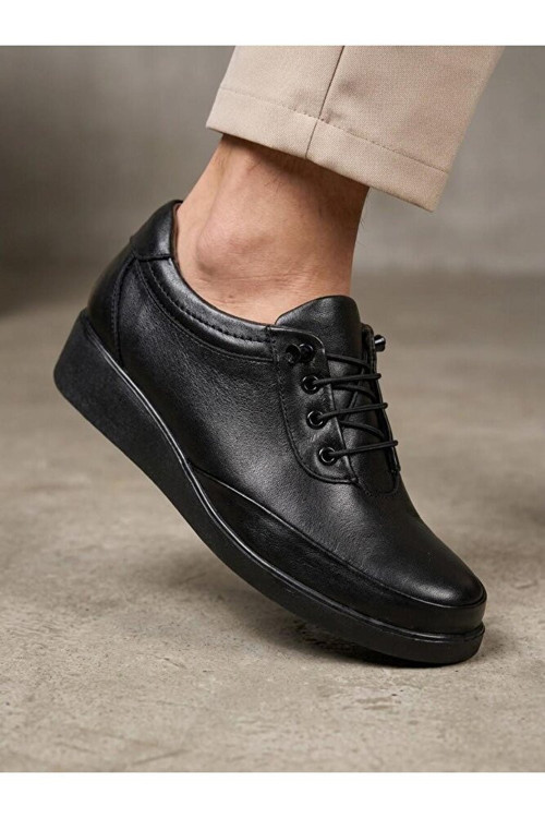 Hakiki Deri Siyah Kadın Ayakkabı Ortopedik Dolgu Taban Düz Esnek Bağcıklı Comfort Casual Sneaker