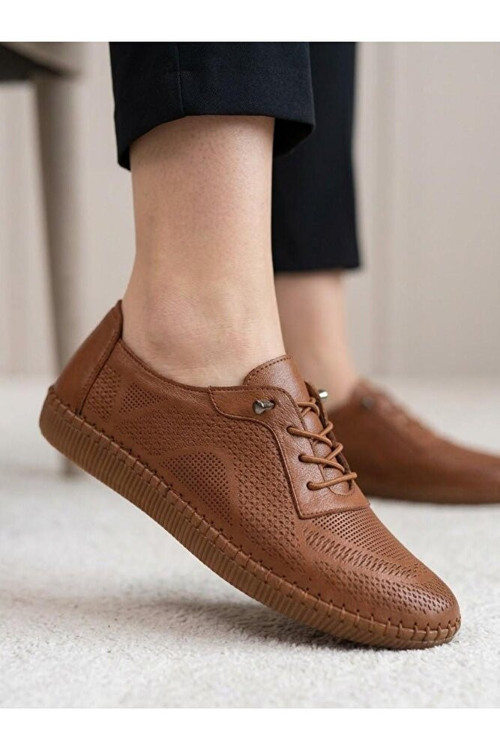 Hakiki Deri Taba Kadın Yürüyüş Ayakkabı Lazer Delikli Ortopedik Taban Elastik Bağcıklı Comfort Sneaker