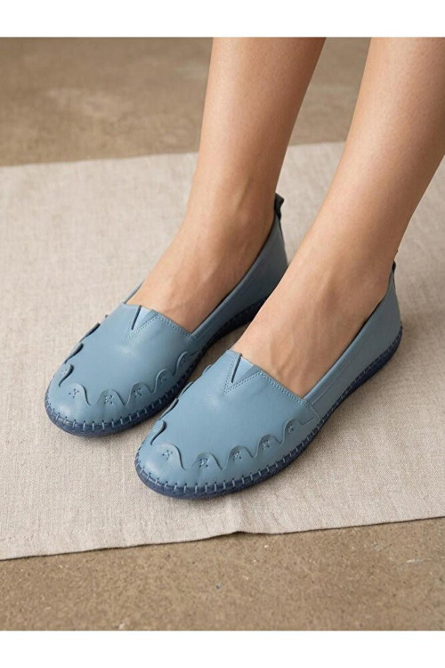 Hakiki İndigo Mavi Kadın Babet Ortopedik Taban Düz Motifli Slip-On Comfort Ayakkabı