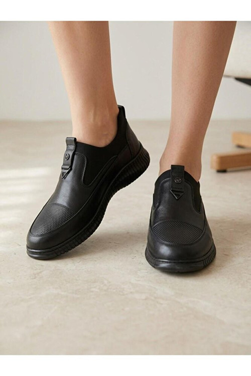 Hakiki Deri Siyah Kadın Ayakkabı Ortopedik Taban Bağcıksız Comfort Casual Günlük Sneaker