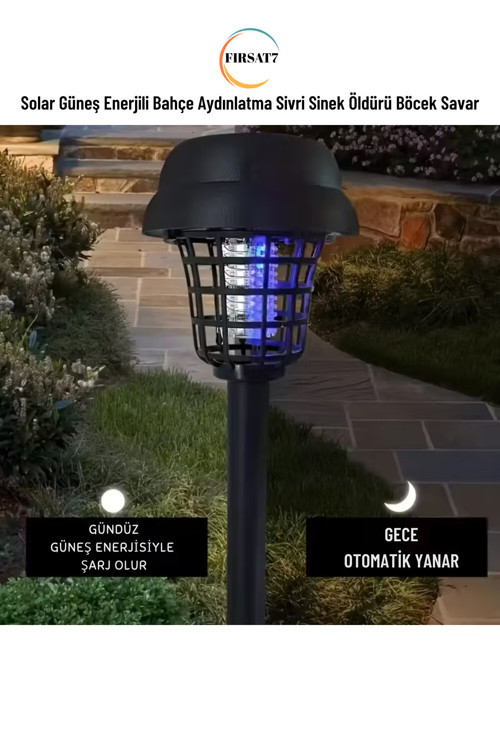 2 Adet Güneş Enerijili Kazıklı Uv Sinek Öldürücü Cihazı Solar Ledli Bahçe Aydınlatma Haşere Savar