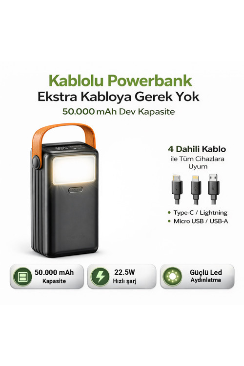 Cp-05 50.000Mah 22.5W Süper Hızlı Şarj Powerbank - Dahili 4 Kablolu Ve Dev Led Aydınlatmalı