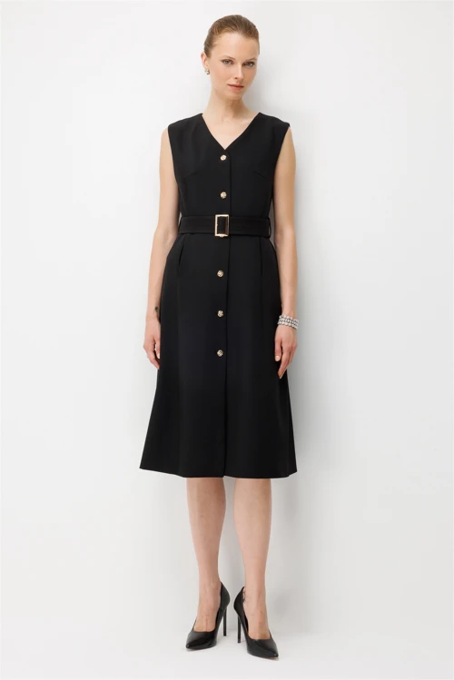 Beli Kemerli V Yaka Maxi Elbise 5905