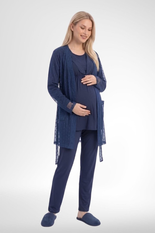 Mecit 6406 Lacivert Dantel Sabahlıklı Lohusa Pijama Takımı