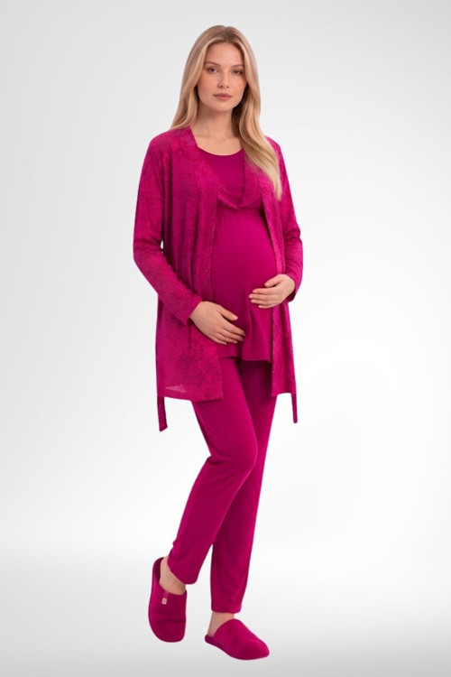 Mecit 6406 Fuşya Dantel Sabahlıklı Lohusa Pijama Takımı