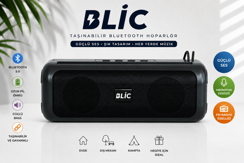 BLS-72 12W Bluetooth 5.4 Taşınabilir Hoparlör TWS Stereo USB TF Kart Type-C Siyah