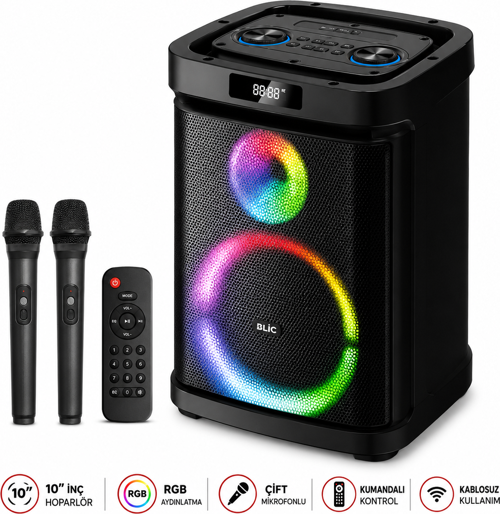 BLS-79 20W 10 İnç Bluetooth Hoparlör, RGB Işıklı, Güçlü Bass Çift Kablosuz Mikrofonlu, Kumandalı