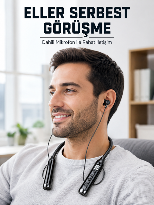 uygun 600 Saat Kullanım Süreli Boyun Tipi Bluetooth Kulaklık Mikrofonlu Dijital Göstergeli Kablo