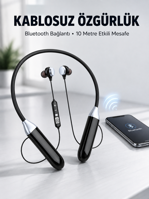 uygun Mikrofonlu Boyun Bantlı Bluetooth Kulaklık Kablosuz Bağlantılı Ses ve Müzik Kontrollü K