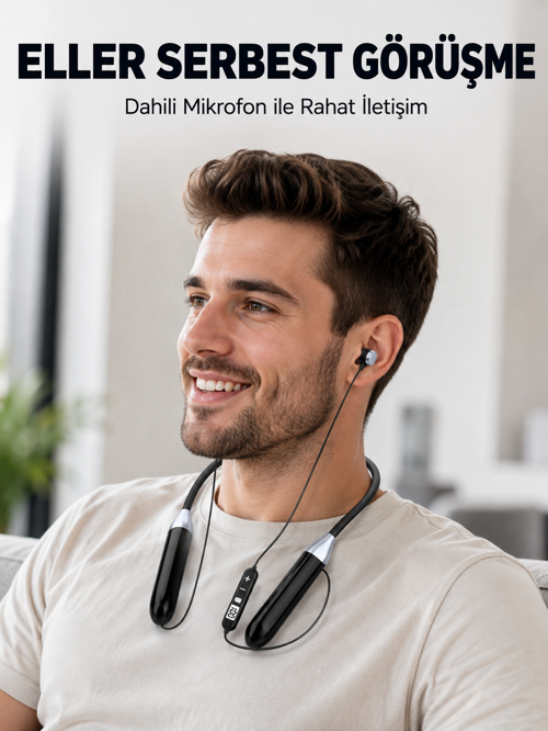 uygun Uzun Kullanım Süreli Bluetooth Kulaklık Boyun Bantlı Mikrofonlu Kablosuz Müzik ve Görü�