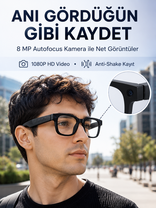 uygun 3 Lensli Akıllı Kamera Gözlüğü AI Görüntü Tanıma Çoklu Dil Çeviri 32 GB Hafıza Wi
