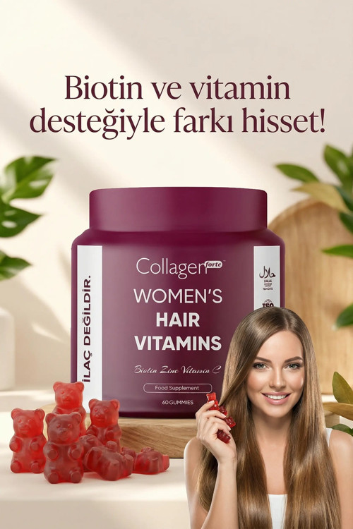 Saç Vitamini, Biotin, Folik Asit, Vitamin A, B3, B6, B12, C Vitamin, 60 Gummies 120g