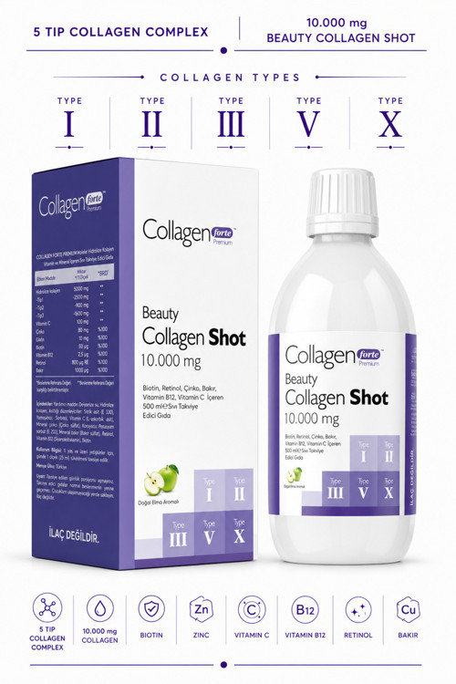 Collagen Shot 500ml, 5 Tip Sıvı Kolajen, Biotin, Vitamin B12, C Vitamini, Bakır, Retinol & Çinko