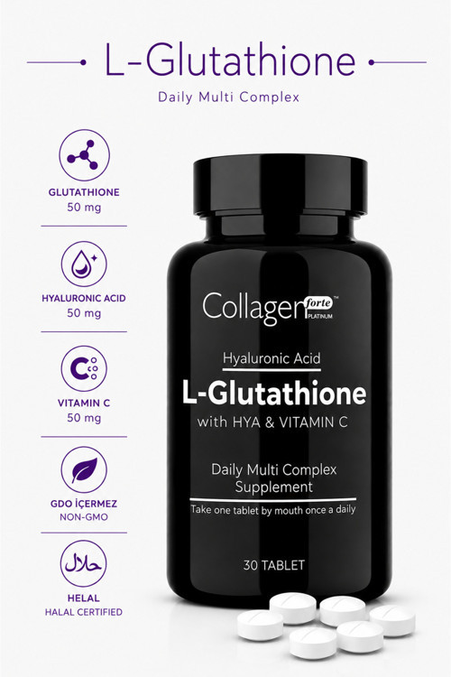 Glutatyon, 500mg, L-Glutathione, Hyalüronik Asit & C Vitamini