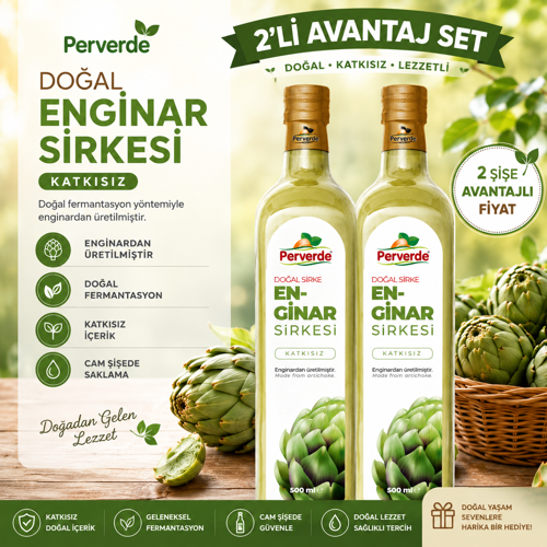 Doğal Fermantasyon Enginar Sirkesi 2'li Avantaj Seti (2x500 ml) - Katkısız & Geleneksel Cam Şişe