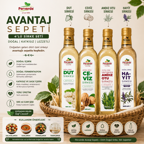 4'lü Doğal Sirke Avantaj Sepeti – Dut, Ceviz, Yapışkan Andız Otu ve Hayıt Sirkesi 4*500 ml